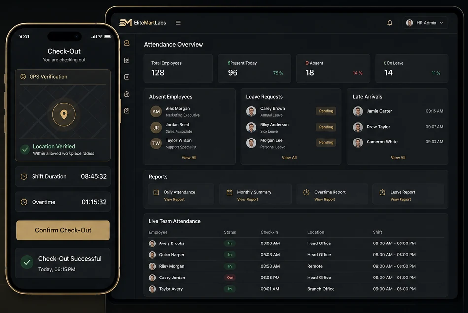 Employee mobile check-out interface beside a live HR attendance dashboard