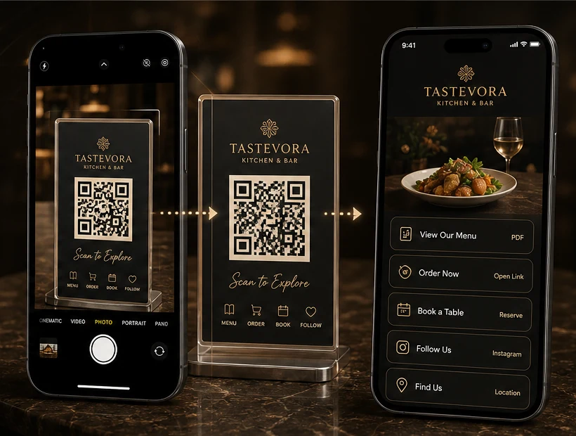 A phone scans a branded QR menu and opens a mobile landing page