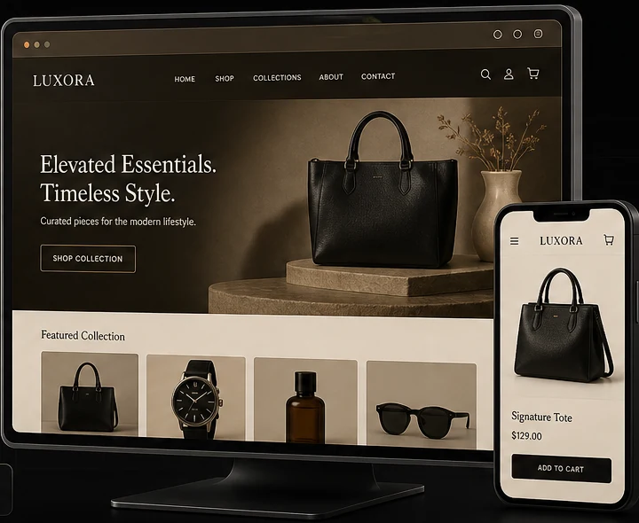 Luxury responsive e-commerce website shown on desktop and mobile